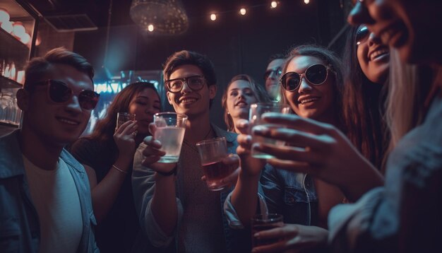 Adultos jóvenes despreocupados disfrutan de la vida nocturna en un club de entretenimiento multiétnico generado por IA