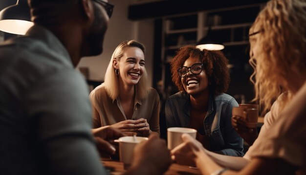 Adultos jóvenes disfrutando de un café y conversando juntos generados por IA