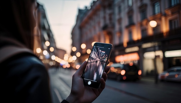 Adultos jóvenes enviando mensajes de texto en la ciudad con teléfonos inteligentes generados por IA