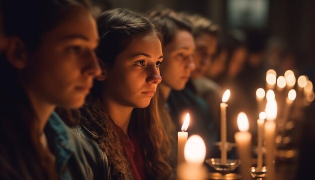 Adultos jóvenes meditando sosteniendo velas encontrando paz generada por IA