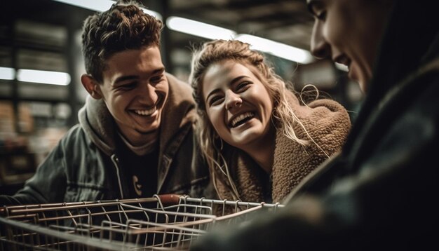 Adultos jóvenes sonriendo, comprando, riendo y creando vínculos generados por IA