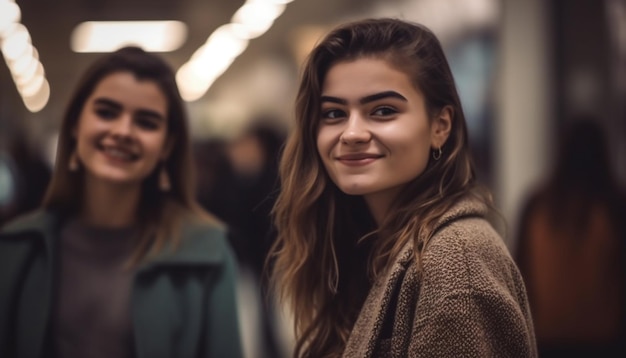 Adultos jóvenes sonriendo mirando a la cámara al aire libre IA generativa