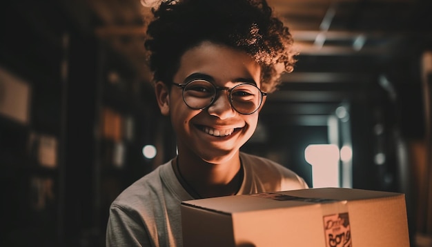 Adultos jóvenes sonriendo sosteniendo un paquete disfrutando de la tecnología generada por IA