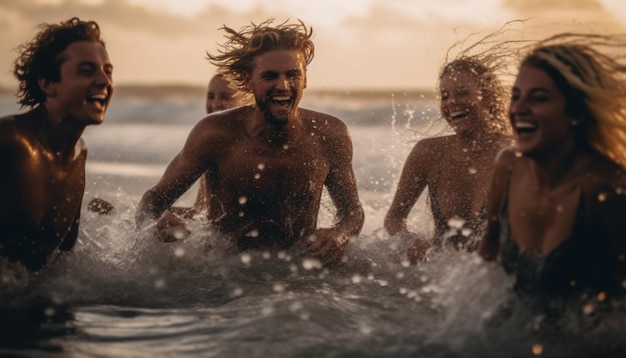 Adultos jóvenes sonrientes disfrutan de la diversión de verano sin preocupaciones generada por IA