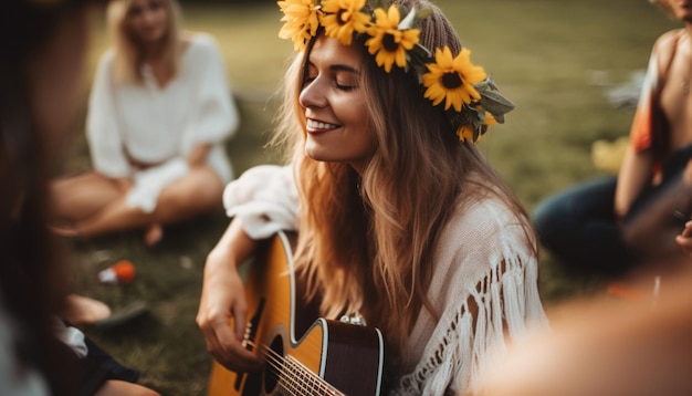 Foto gratuita adultos jóvenes tocando la guitarra disfrutando de la belleza de la naturaleza generada por ia