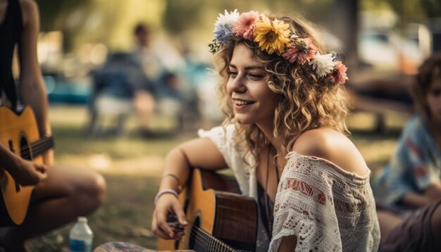 Foto gratuita adultos jóvenes tocando la guitarra disfrutando de la belleza de la naturaleza generada por ia