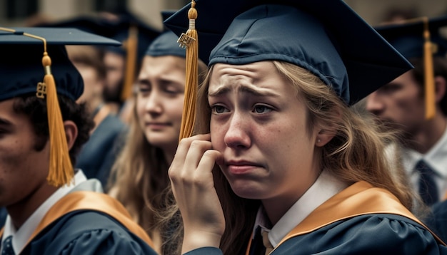 Adultos jóvenes en togas de graduación celebran el éxito generado por IA