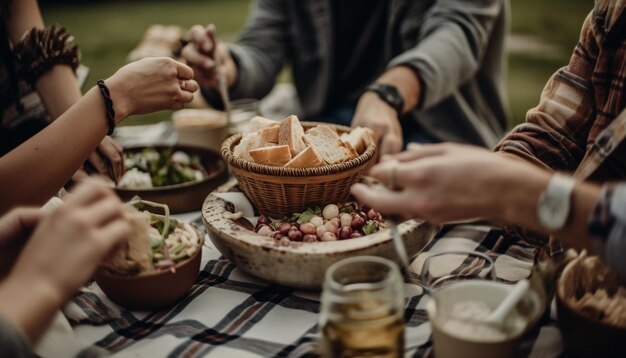 Adultos jóvenes se unen durante un banquete de almuerzo orgánico generado por IA