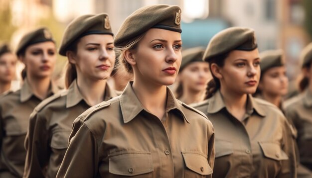 Adultos jóvenes con uniforme militar que parecen confiados generados por IA