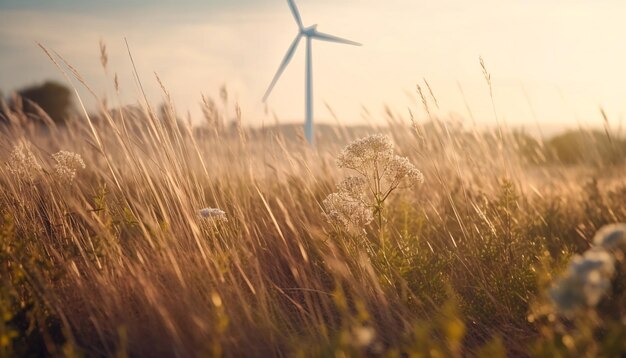 Los aerogeneradores generan energía sostenible en paisajes rurales generados por IA