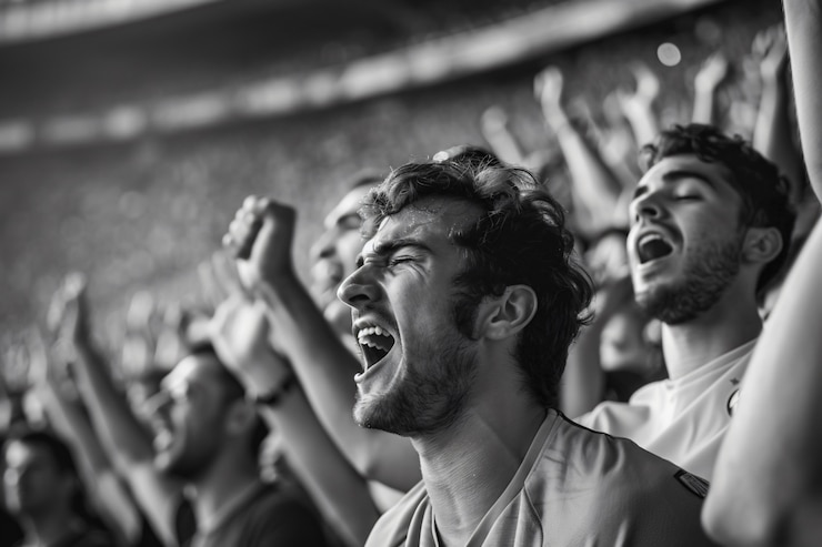 Foto gratuito los aficionados al fútbol monocromático aplaudiendo