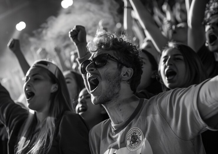 Foto gratuito los aficionados al fútbol monocromático aplaudiendo
