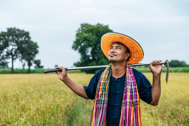 Agricultor asiático con sombrero de paja y taparrabos de pie y llevando una azada al hombro en el campo de arroz