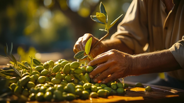 Foto gratuita agricultor clasificando aceitunas frescas antes de preparar el primer plano de aceite de oliva en la cosecha de manos