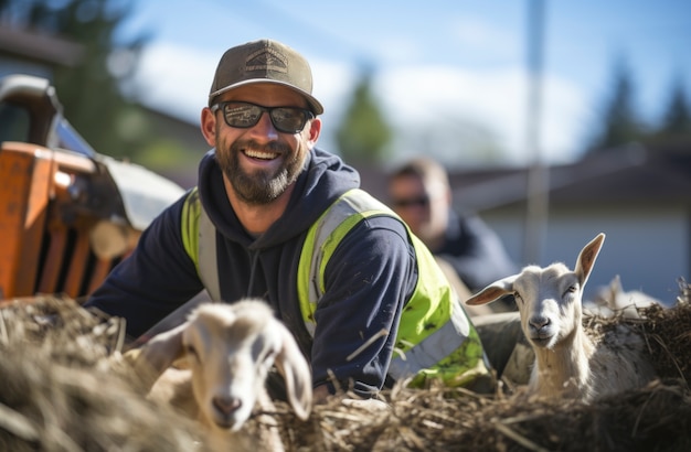 Agricultor que se ocupa de una granja de cabras fotorrealista