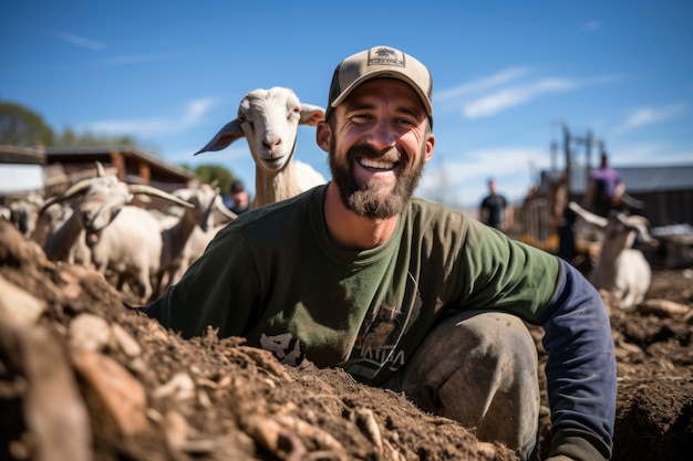 Foto gratuita agricultor que se ocupa de una granja de cabras fotorrealista