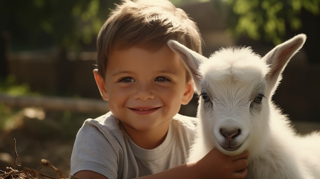 Agricultor que se ocupa de una granja de cabras fotorrealista