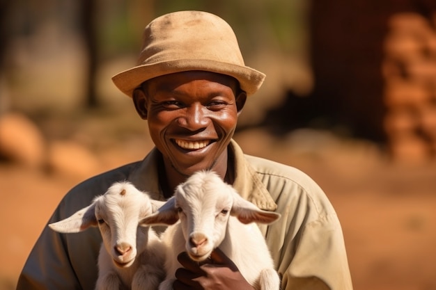 Foto gratuita agricultor que se ocupa de una granja de cabras fotorrealista