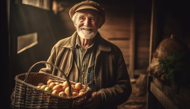 Agricultor senior sonriente cosechando fruta orgánica al aire libre generada por IA