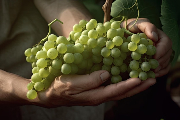 Foto gratuita agricultor sosteniendo en sus manos un racimo de uvas recién cosechadas ai generativo