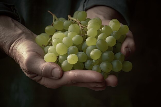 Agricultor sosteniendo en sus manos un racimo de uvas recién cosechadas Ai generativo