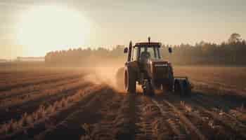 Foto gratuita agricultor trabajando al aire libre cosechando trigo al atardecer generado por ia