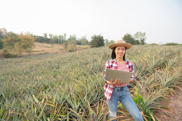 La agricultora asiática ve el crecimiento de la piña en la granja. Industria agrícola, concepto de negocio agrícola.