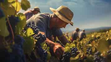 Foto gratuita agricultores recogiendo uvas para vino temporada de cosecha