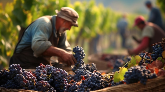 Foto gratuita agricultores recogiendo uvas para vino temporada de cosecha