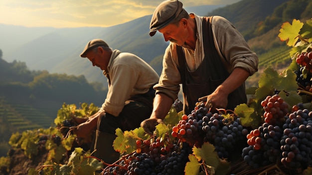 Foto gratuita agricultores recogiendo uvas para vino temporada de cosecha