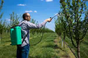 Foto gratuita agrónomo masculino tratando manzanos con pesticidas en huerto