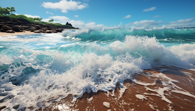 Foto gratuita agua azul salpicando en la costa arenosa un paraíso marino tropical generado por la inteligencia artificial