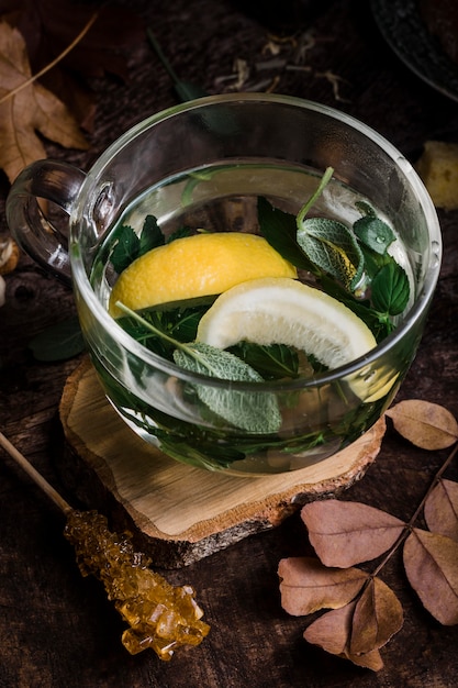 Agua caliente de alto ángulo con limón y hojas.