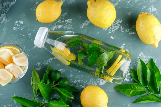 Agua de limón con menta, hojas en una botella sobre superficie de yeso