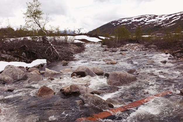 El agua salpica contra las rocas en el río