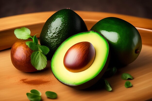 Aguacate en un plato de madera con hojas y una hoja verde