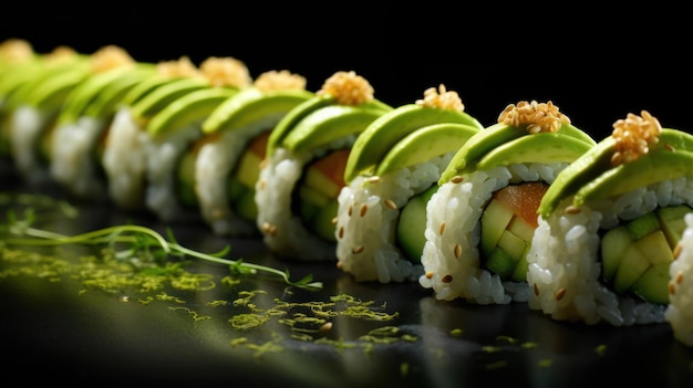 Foto gratuita el aguacate verde exuberante encabeza la fila de rollos de sushi cuidadosamente dispuestos