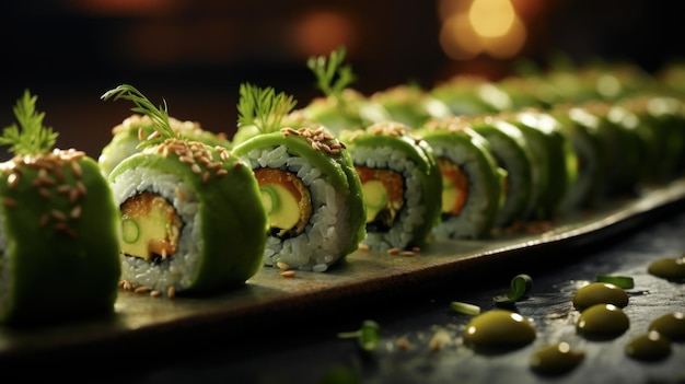 Foto gratuita el aguacate verde exuberante encabeza la fila de rollos de sushi cuidadosamente dispuestos