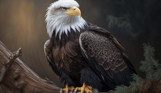 Un águila calva se sienta en una rama con un fondo oscuro.