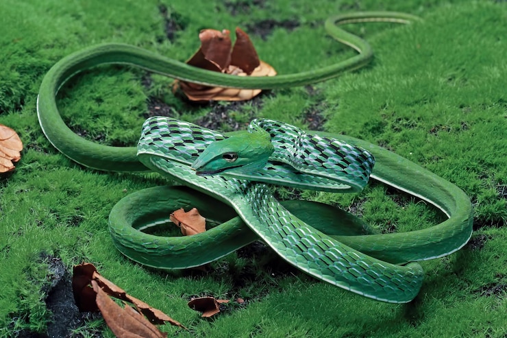 Foto gratuito ahaitulla prasina serpiente primer plano sobre musgo animal primer plano asiático vid vista posterior