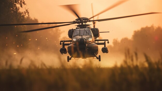 AI generativa un helicóptero despega de un campo