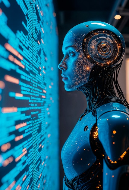 Ai robot gazing at code: a futuristic cyberpunk vision