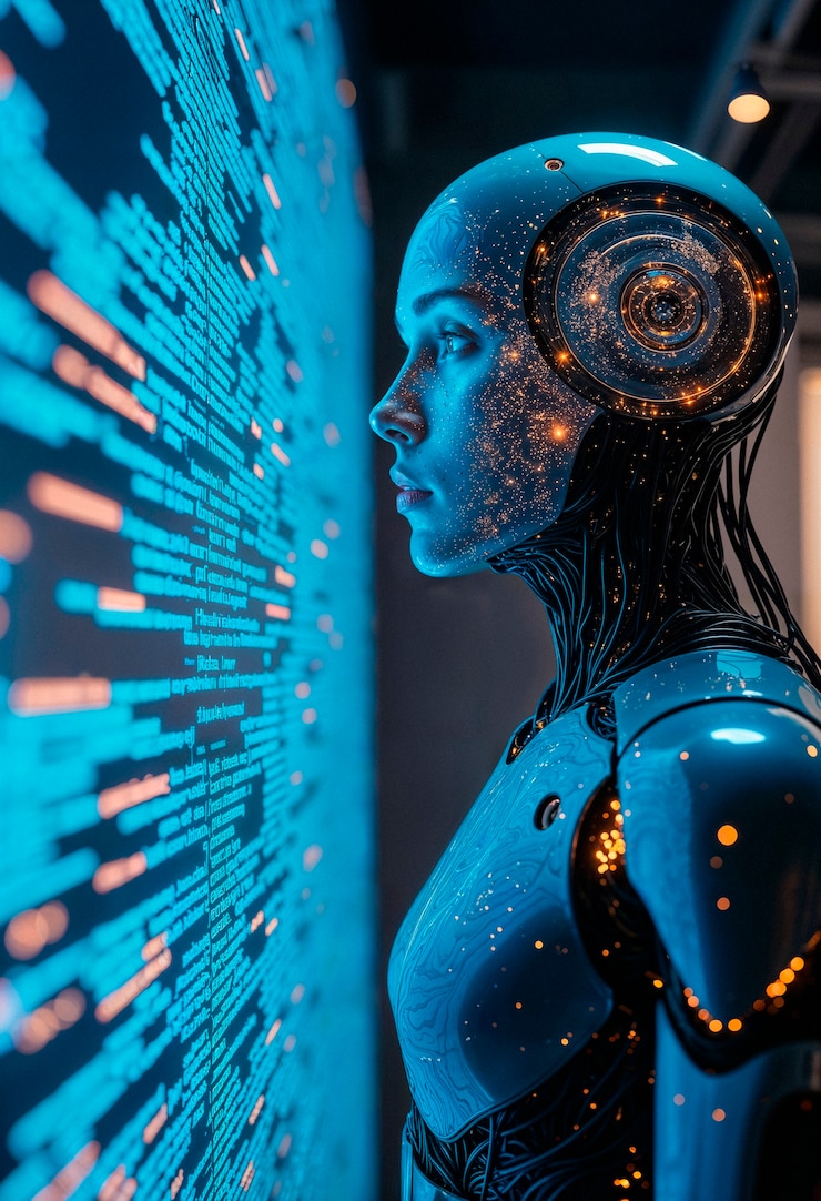 Foto gratuito ai robot gazing at code: a futuristic cyberpunk vision