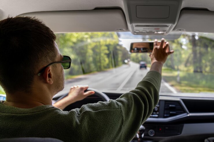 Foto gratuito ajuste del espejo retrovisor conductor en movimiento viaje por carretera de primavera