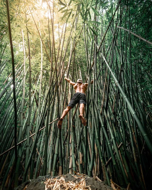 Ajuste masculino con su camisa saltando sobre árboles de bambú en Hawai