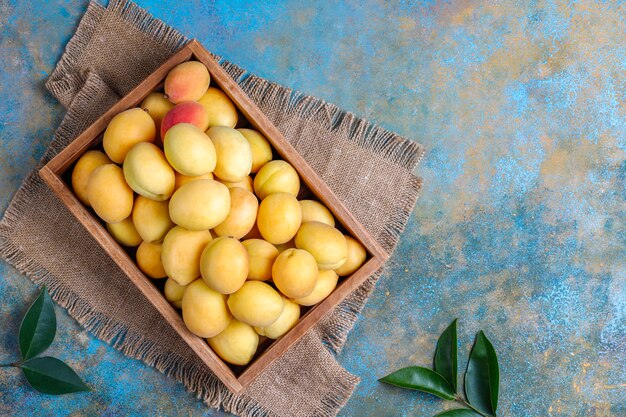 Albaricoques orgánicos frescos, fruta de verano, vista superior