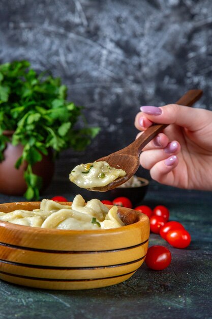 Albóndigas de carne de vista frontal con tomates cherry frescos sobre una superficie oscura