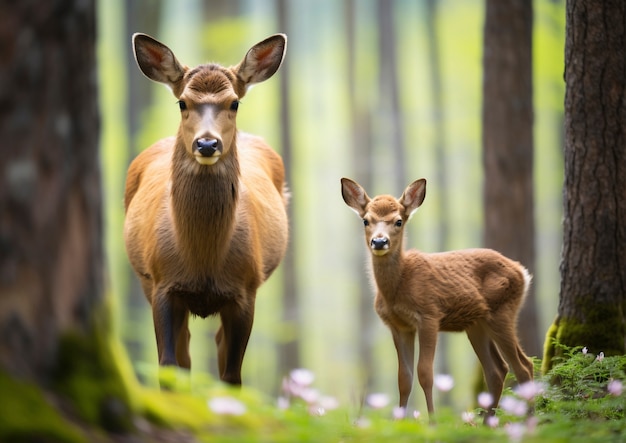 Foto gratuita alce salvaje en la naturaleza con ternero