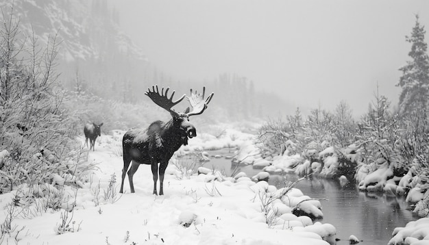 Foto gratuita alces en la naturaleza en blanco y negro