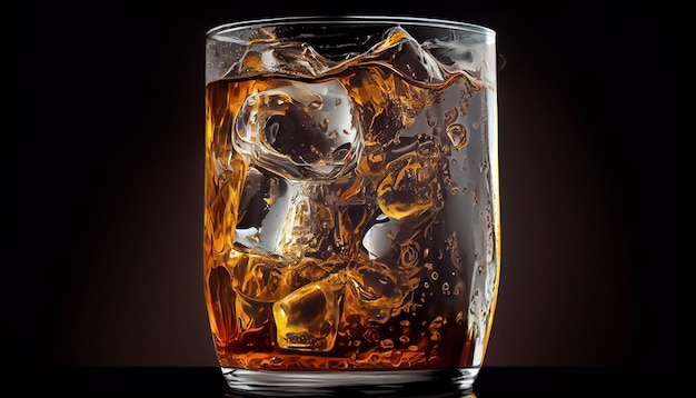 El alcohol gotea en un vaso de whisky sobre hielo IA generativa